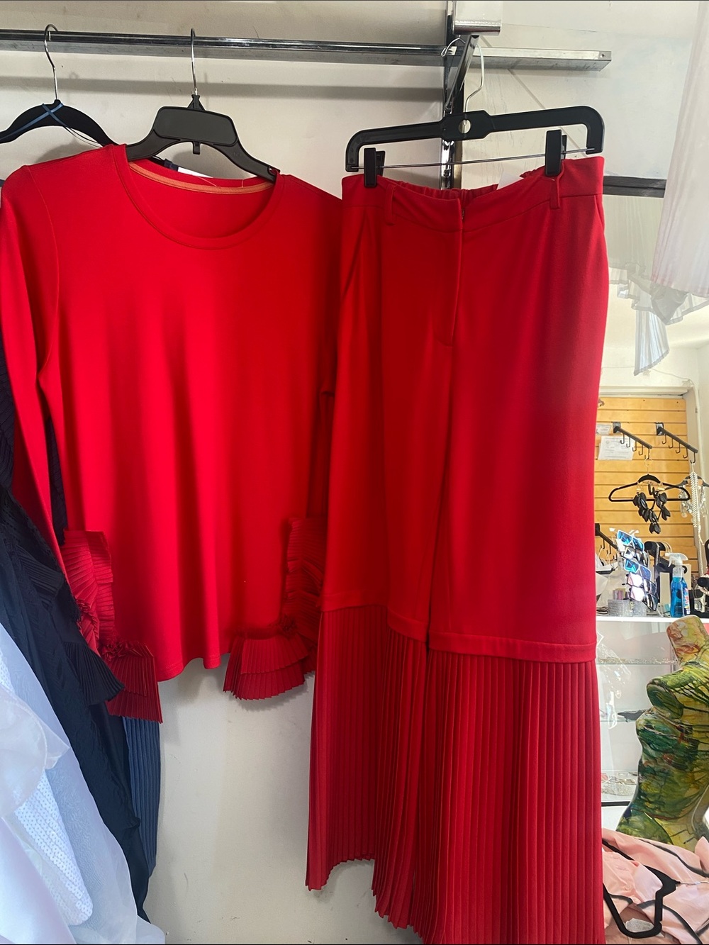 Red Pleated Hem Top and Skirt Set
